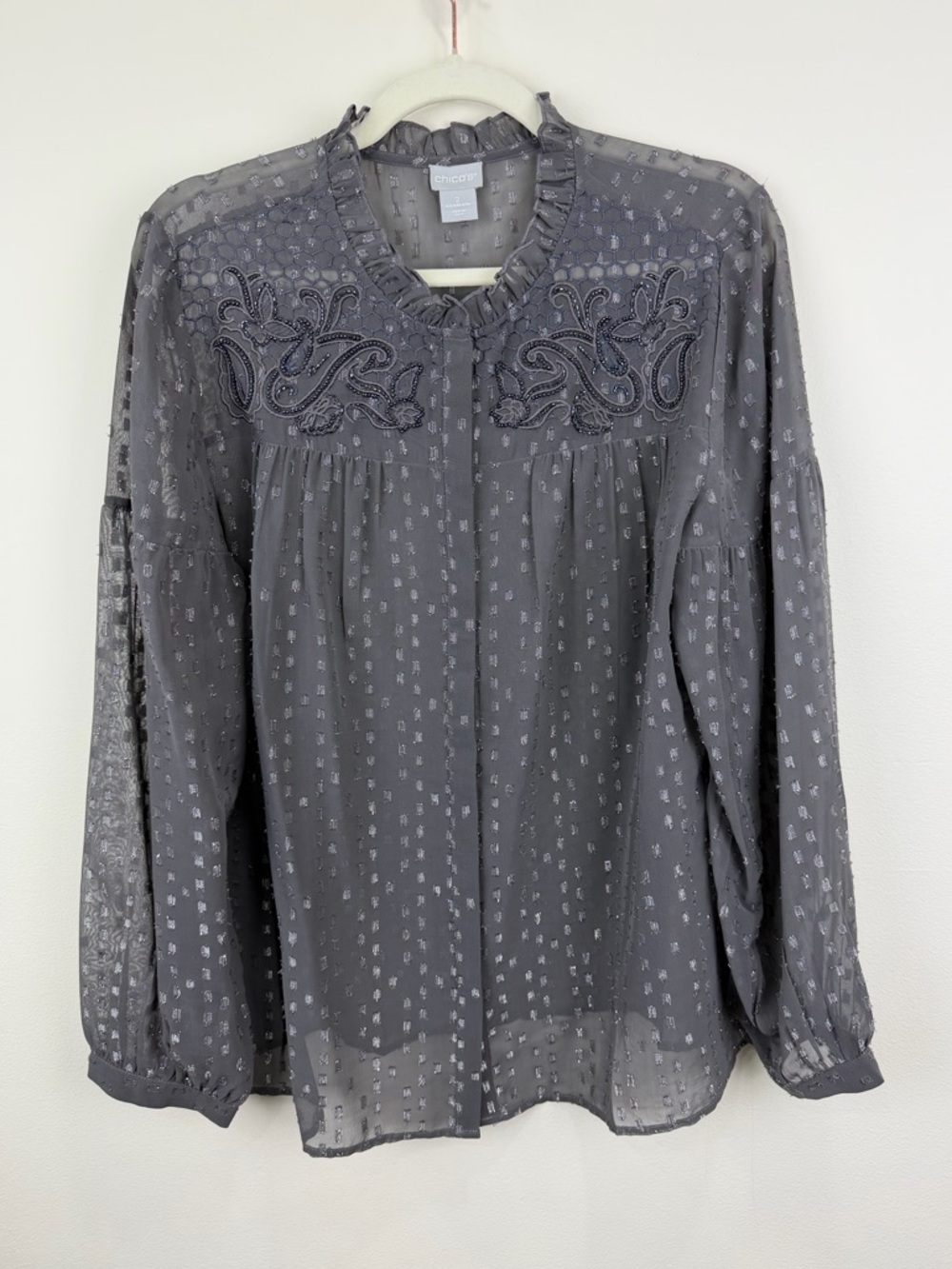 Chico’s Gray Sheer Embroidered Blouse Ruffle Neck Boho Chic Size 2